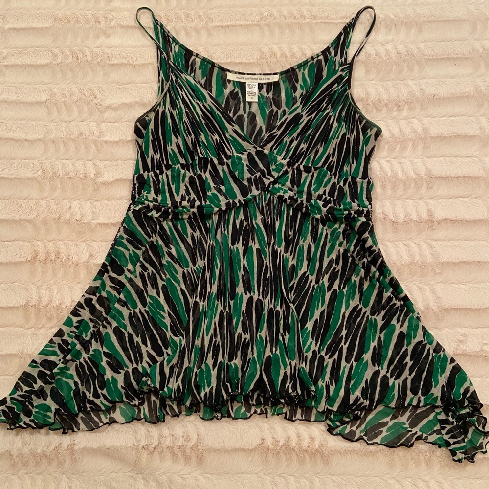 Diane Von Furstenberg Green and Black Asymmetrical Ruffled Camisole